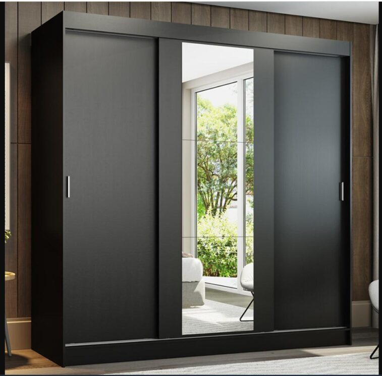 Guarda-Roupa Casal Madesa Reno 3 Portas de Correr com Espelho – Preto